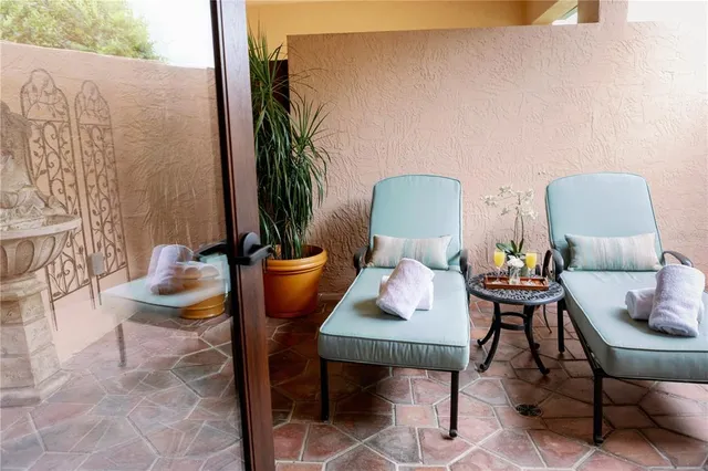 a living room with furniture and a potted plant