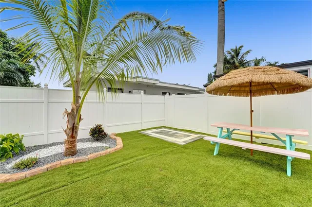 a backyard of a house with table and chairs