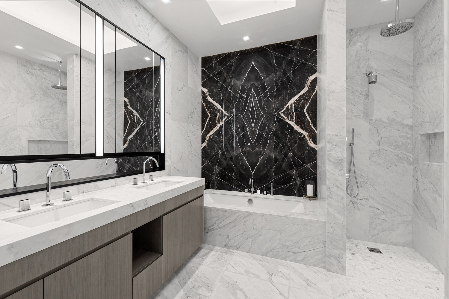 108 Leonard Street, Unit 7G Manhattan, NY 10013 - Photo 9 of 28 a bathroom with a double vanity sink a mirror and shower