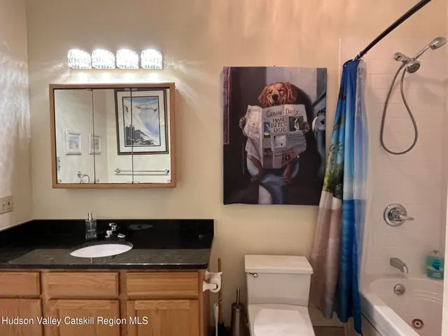 a bathroom with a granite countertop sink and a mirror with toilet