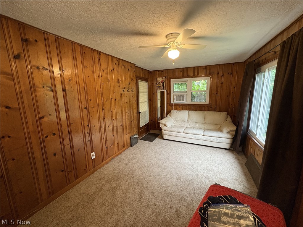 727 Wooster Road North Barberton, OH 44203 - Photo 31 of 37 Studio's main room featuring wood paneling on walls, light-colored carpeting, multiple windows, and a ceiling fan with integrated lighting