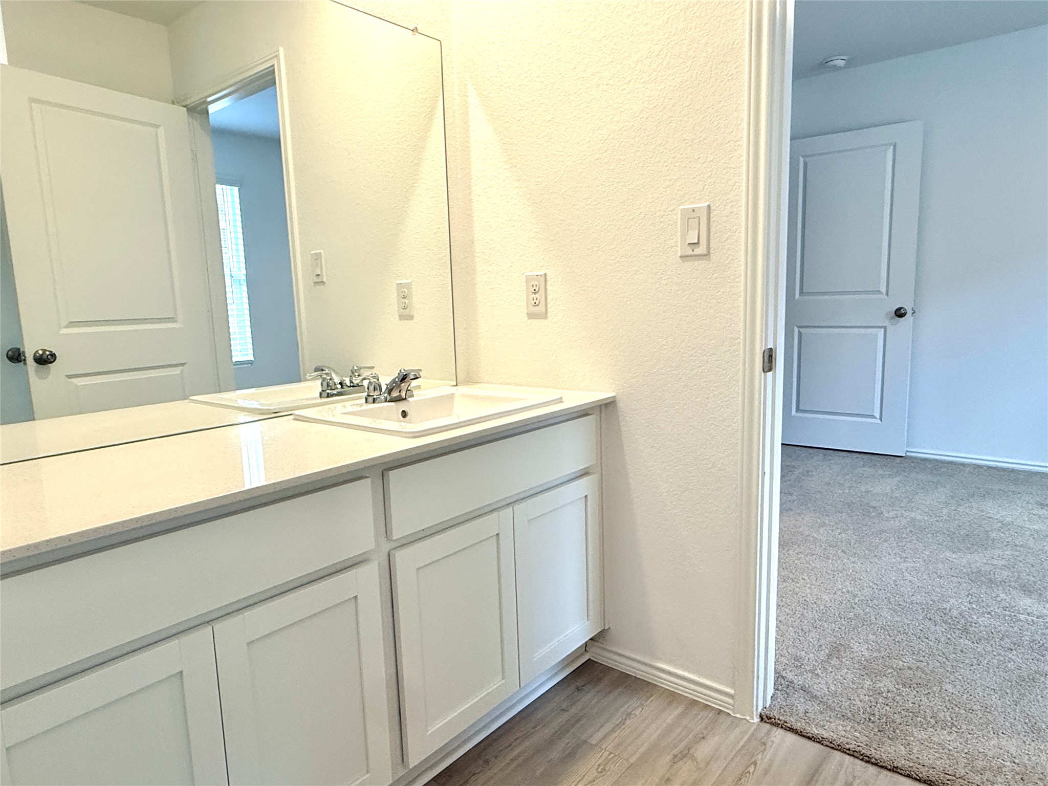 289 Sormonne Loop Kyle, TX 78640 - Photo 14 of 32 Bathroom featuring a textured wall, vanity, and light wood-style flooring