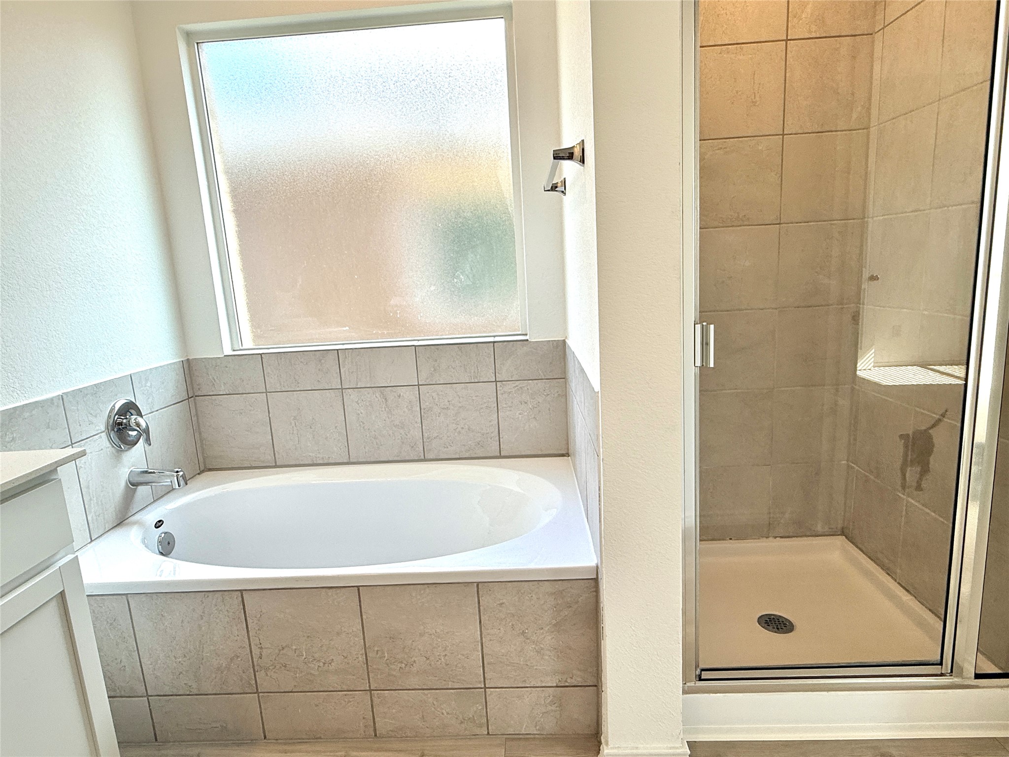 289 Sormonne Loop Kyle, TX 78640 - Photo 31 of 32 Bathroom with vanity, a shower stall, and a garden tub