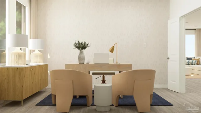 a living room with furniture and a potted plant