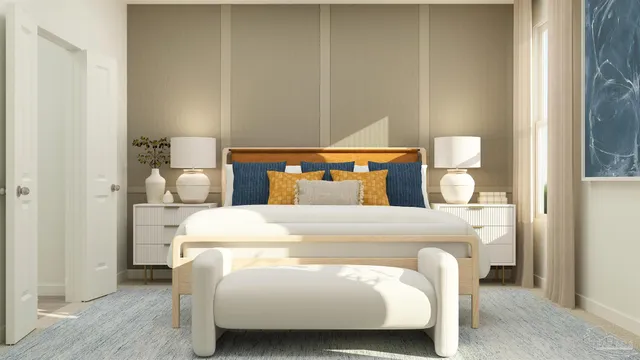 a bed sitting in a bedroom next to a window