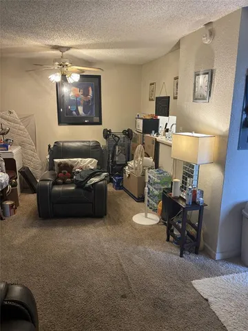 a living room with furniture and a lamp