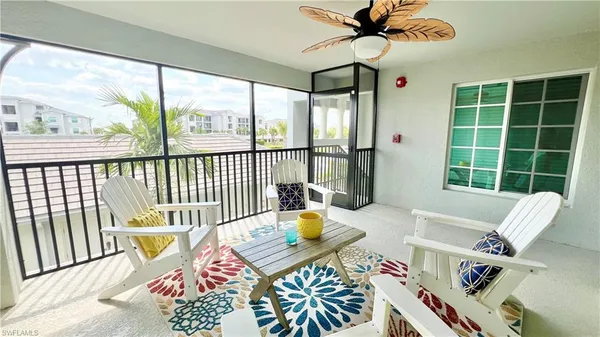 a balcony with furniture and outdoor view