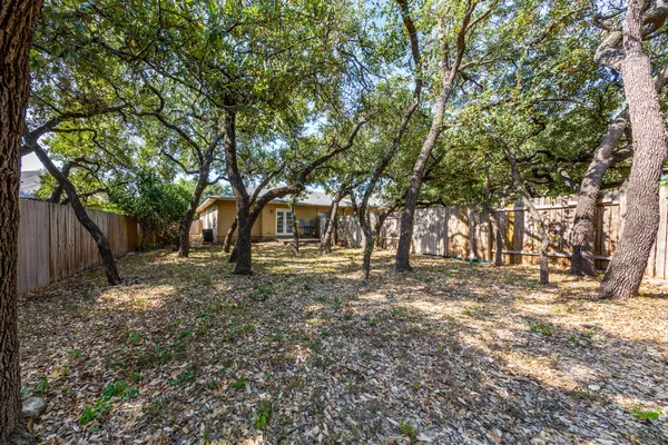 a view of a yard with large trees