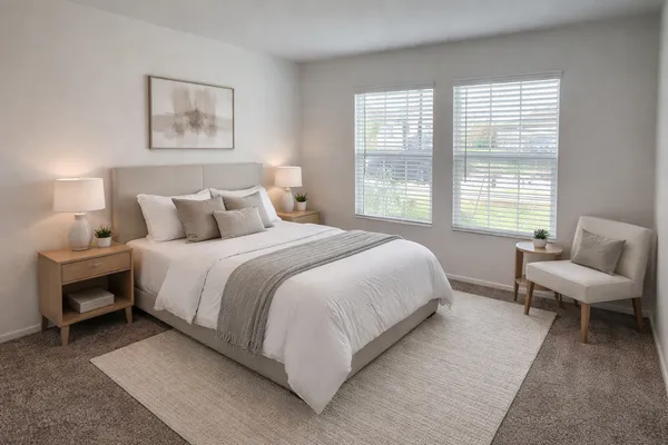 a bedroom with a bed and a large window