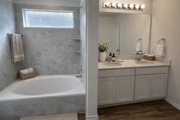 a bathroom with a bathtub a sink and a mirror