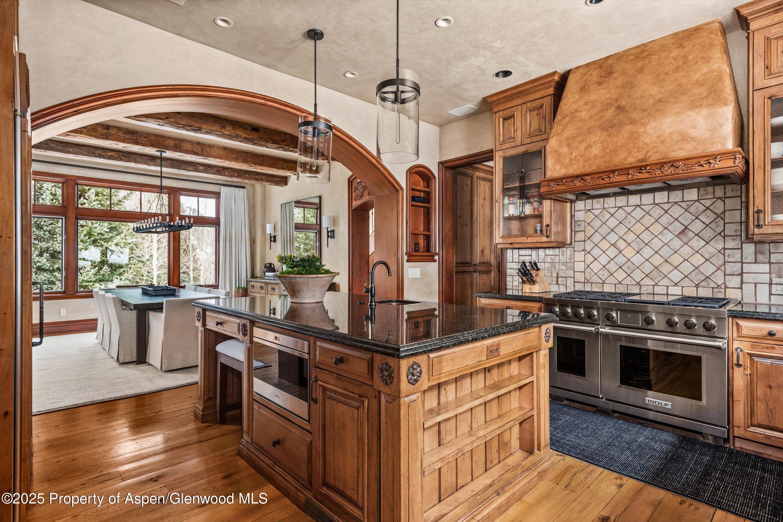 1225 Riverside Drive Aspen, CO 81611 - Photo 19 of 47 a kitchen with stainless steel appliances granite countertop a stove and a view of living room