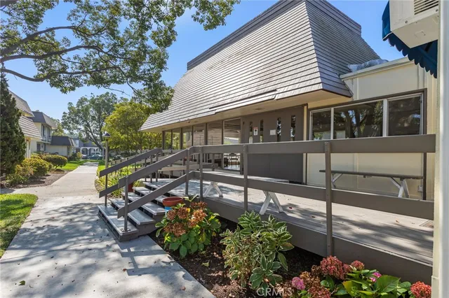 a view of a park with big trees