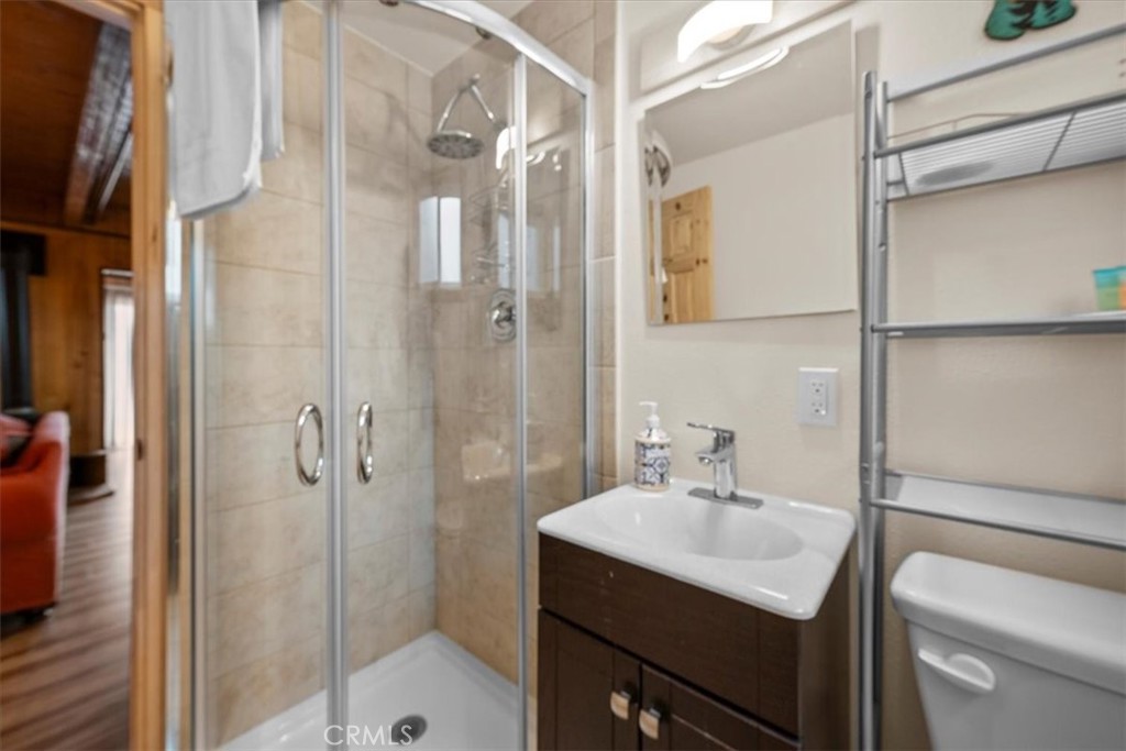 567 Highland Road Big Bear Lake, CA 92315 - Photo 18 of 42 a bathroom with a sink a toilet and shower