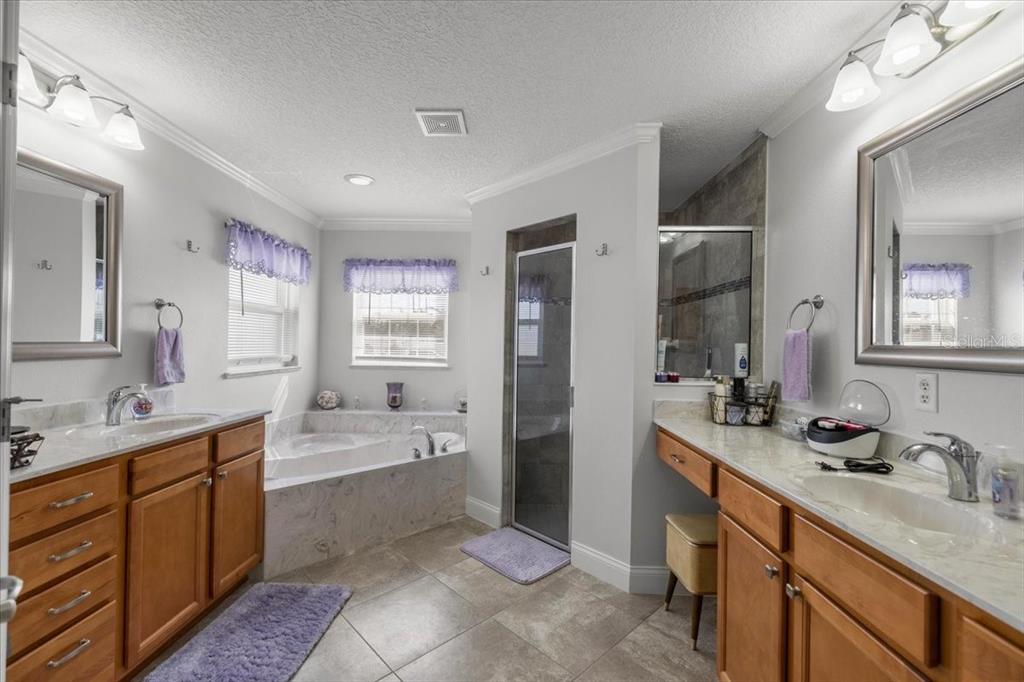 9957 Southwest 55th Ave Road Ocala, FL 34476 - Photo 16 of 41 a spacious bathroom with a double vanity sink a mirror and a bathtub