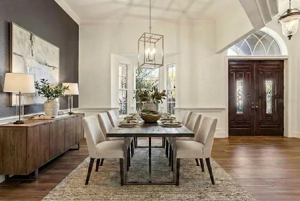 a view of a dining room with furniture window and wooden floor