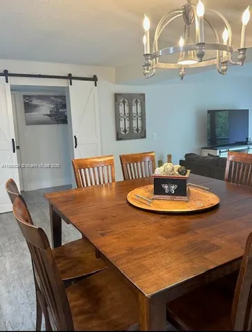 a view of a dining room with furniture
