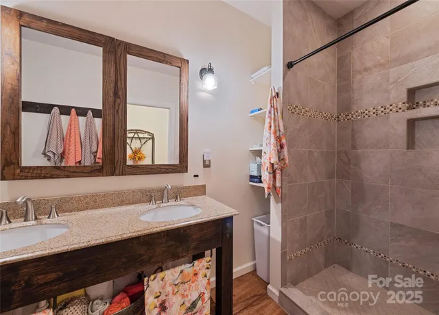 a bathroom with a granite countertop sink a mirror and a shower