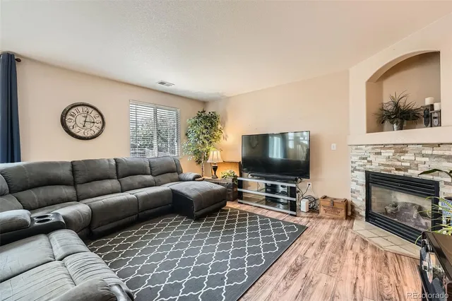 a living room with furniture a flat screen tv and a fireplace