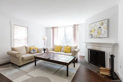a living room with furniture a rug and a fireplace