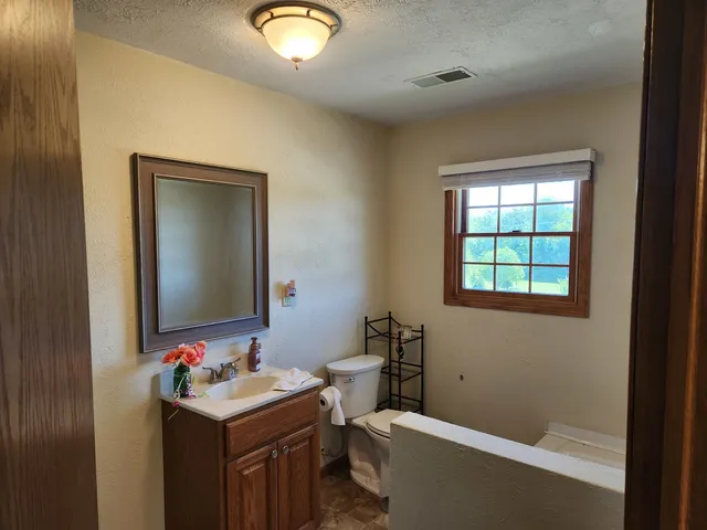 a bathroom with a toilet sink and mirror
