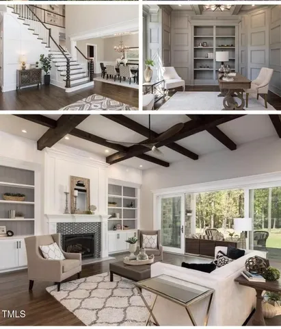 a living room with furniture fireplace and large windows