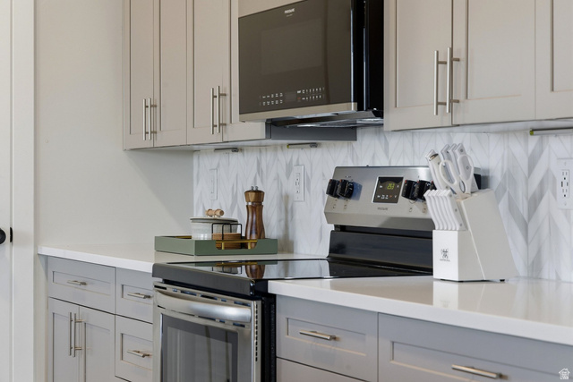 961 West Akoya Pearl Road, Unit 300 St. George, UT 84790 - Photo 15 of 60 Kitchen featuring stainless steel electric range, gray cabinets, black microwave, and tasteful backsplash