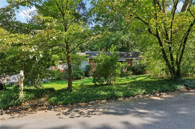 a view of a park with large trees