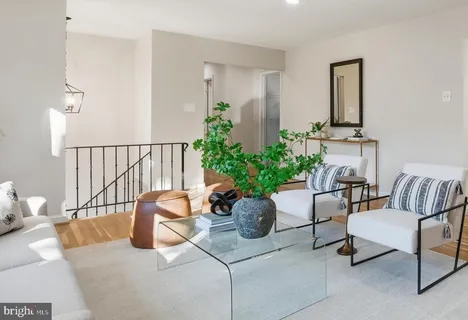 a living room with furniture flowerpot and wooden floor