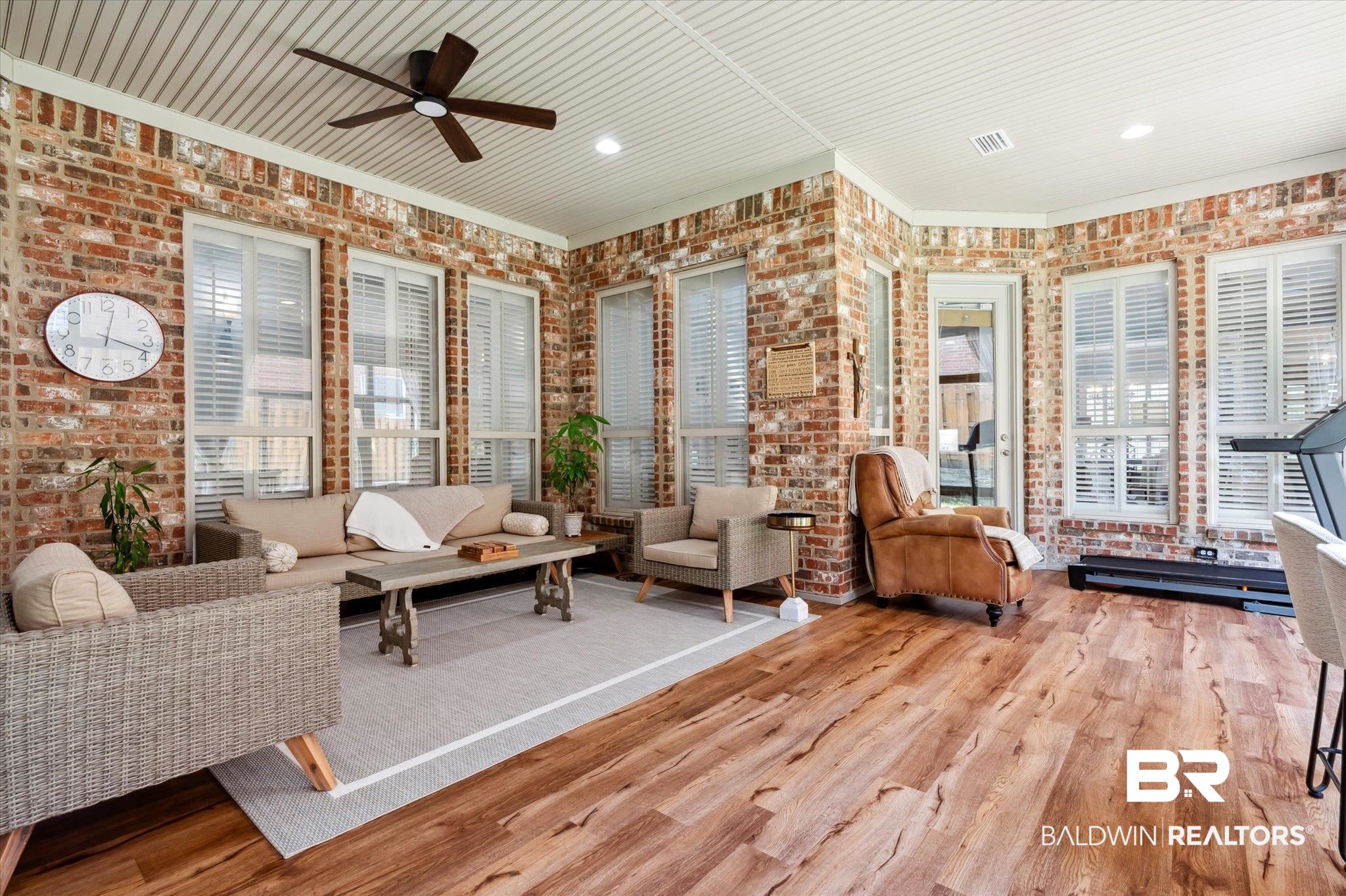 804 Country Club Road Mobile, AL 36609 - Photo 35 of 63 Interior space with hardwood / wood-style flooring, crown molding, brick wall, and ceiling fan