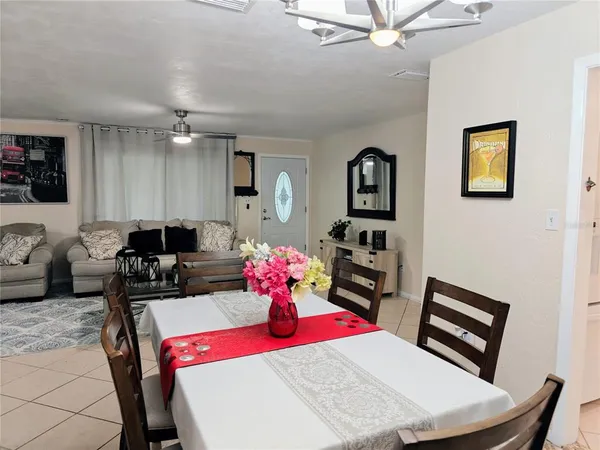 a view of a dining room with furniture