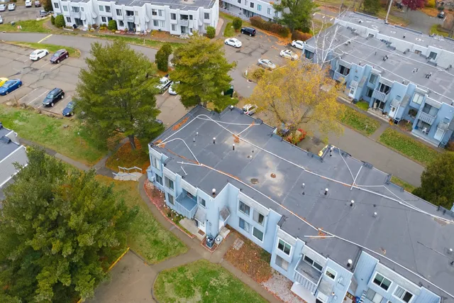 a city view with tall buildings