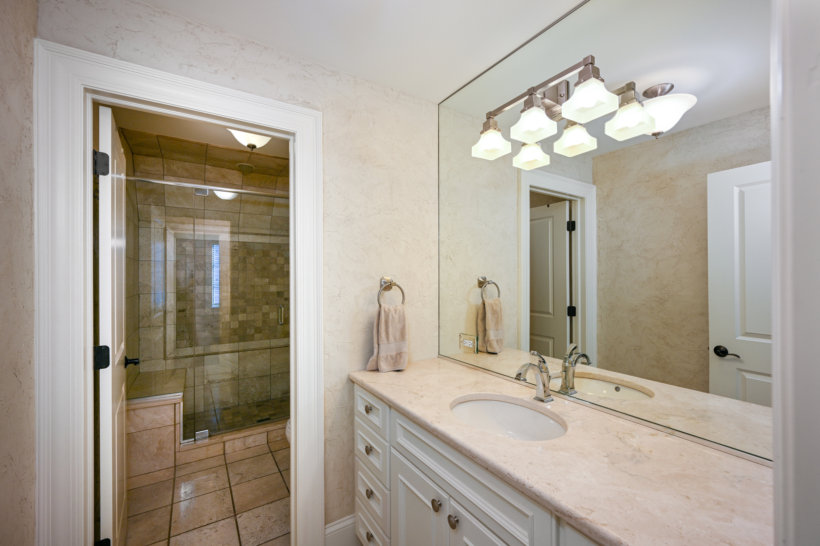 Undisclosed Address Glen Ellyn, IL 60137 - Photo 33 of 45 a bathroom with a double vanity sink and a mirror