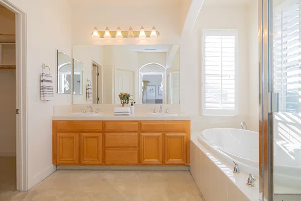 a bathroom with a tub sink and mirror