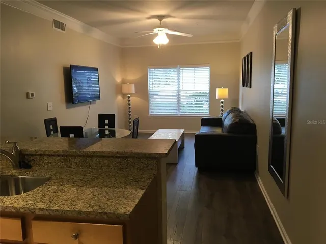 a living room with granite countertop furniture and a fireplace