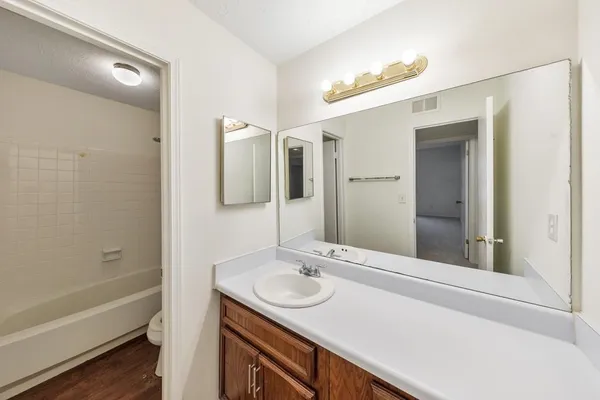 a bathroom with a sink and a mirror