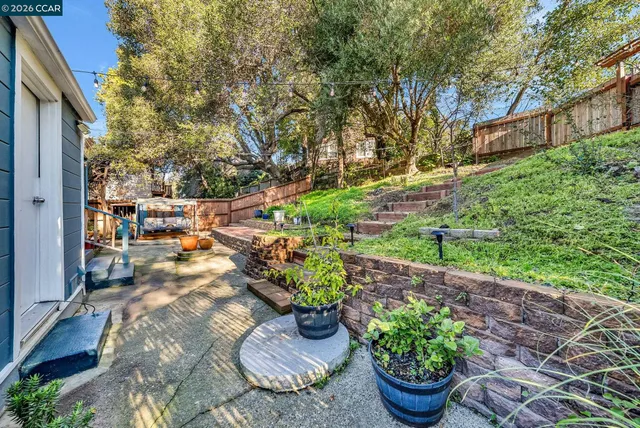 a view of a backyard with chair and potted plants