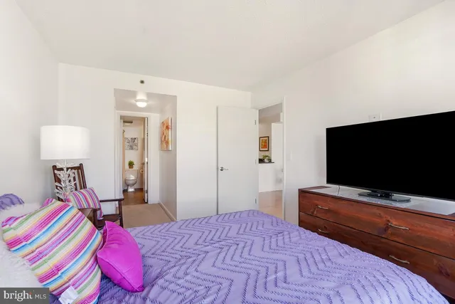a bedroom with a bed and a flat screen tv