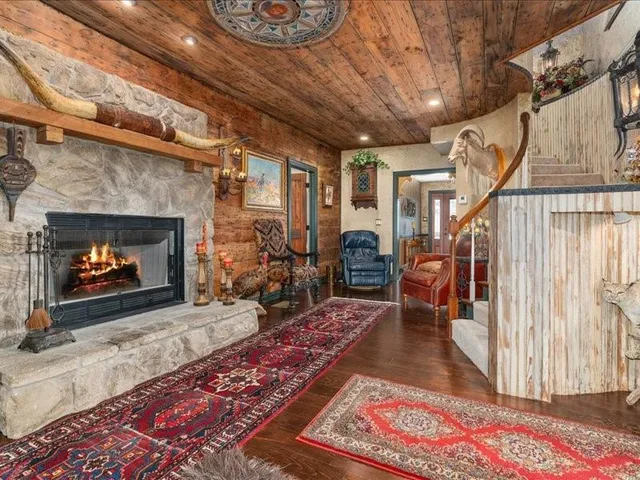 a living room with furniture bath tub and a fireplace