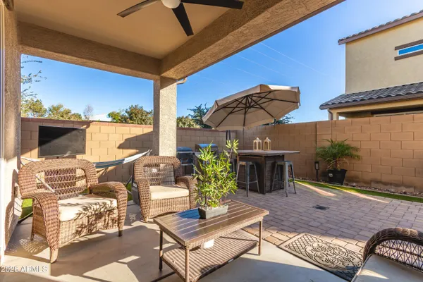 a building outdoor space with patio furniture