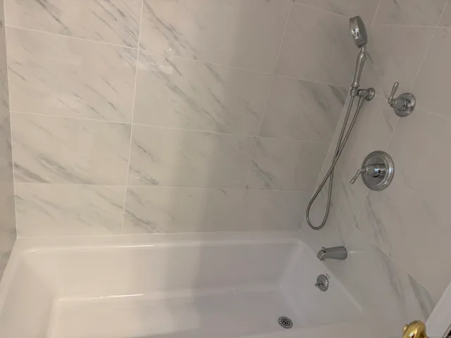 a bathroom with a shower and a bath tub
