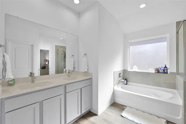 a bathroom with a tub a sink and a mirror