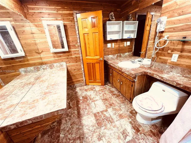 a bathroom with a granite countertop toilet sink and mirror