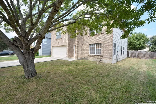 a tree in front of a white house