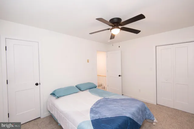 a bedroom with a bed and a ceiling fan