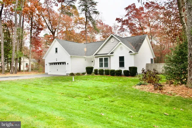 a view of a house with a big yard potted plants and large tree