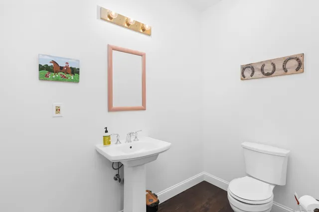 a bathroom with a sink mirror and toilet