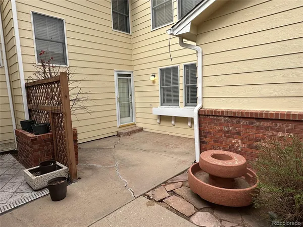 a view of a patio with chairs and a potted plant