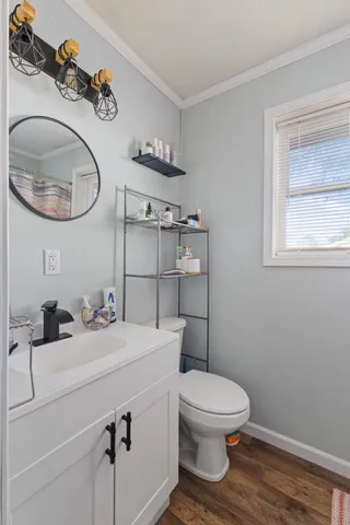 a bathroom with a toilet a sink and mirror