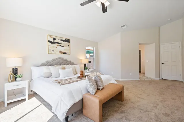 a bedroom with a bed and ceiling fan
