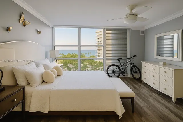 a bedroom with a bed and a table